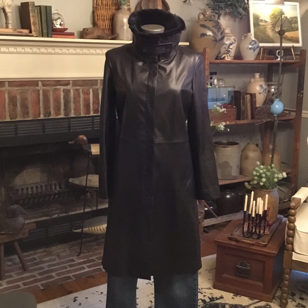 Cole Haan Lambskin Womens Black Leather Long Coat with Fur Collar